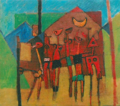 2000 - Personaggi in rosso - Olio su tela 35x40cm